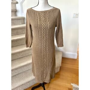 Ralph Lauren Metallic Gold Tan Brown Cableknit Sheath Sweater Dress